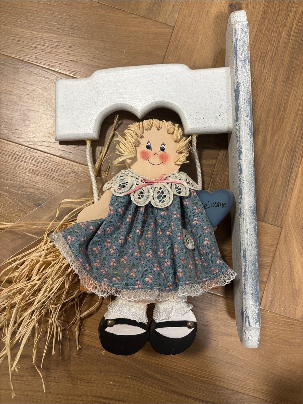 Handcrafted Folk Doll Welcome Hanging - girl on swing